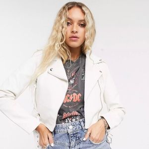 BERSHKA Cropped White Leather Jacket
